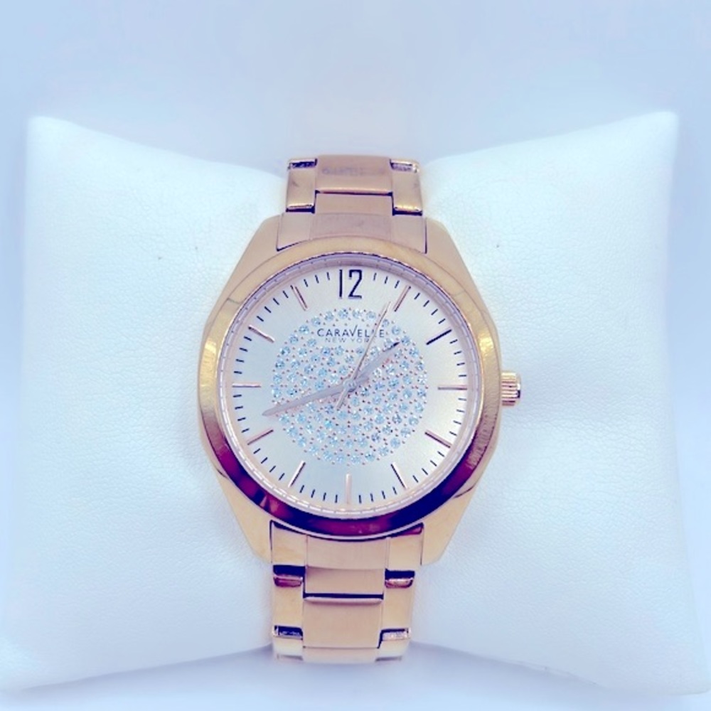 Working! Caravelle New York Rose Gold Rhinestone Face Ladies Watch